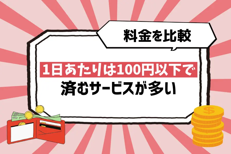 料金を比較：月額500〜2,000円台など価格帯は広いが、1日あたりは100円以下で済むサービスが多い
