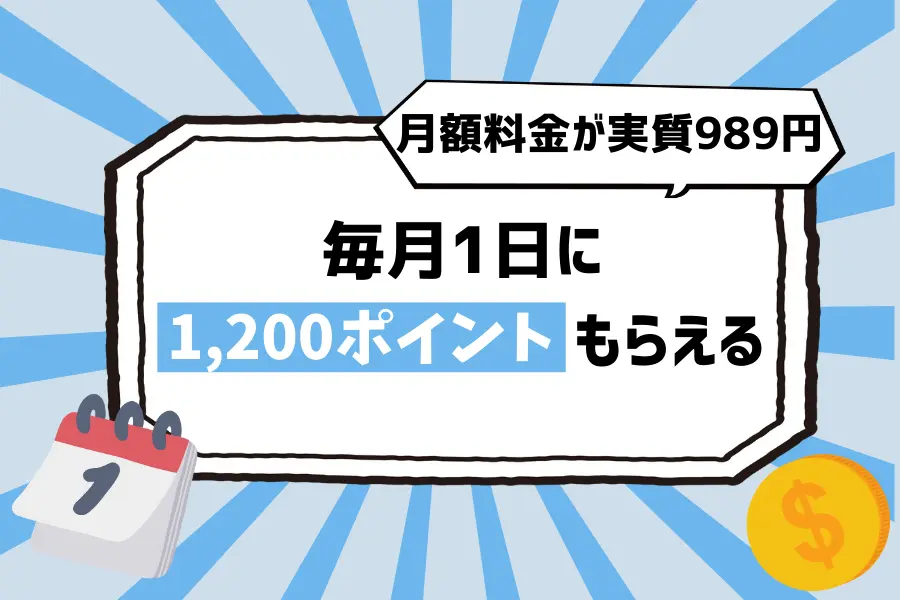 貯め方2. U-NEXTは毎月1日に1,200ポイントがもらえる！月額料金が実質989円になってお得