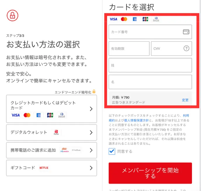 支払い方法を選択し、情報を入力