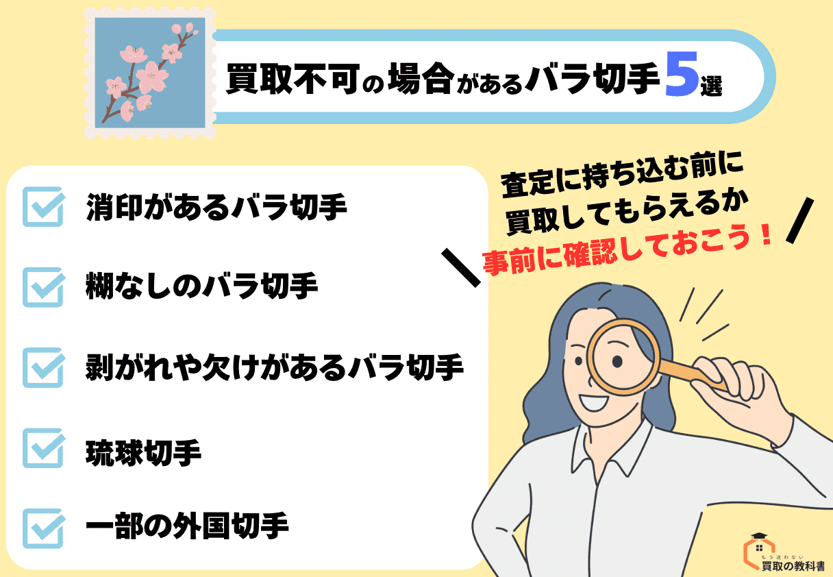 買取不可の場合があるバラ切手 消印があるバラ切手 糊なしのバラ切手 剥がれや欠けがあるバラ切手 琉球切手 一部の外国切手 