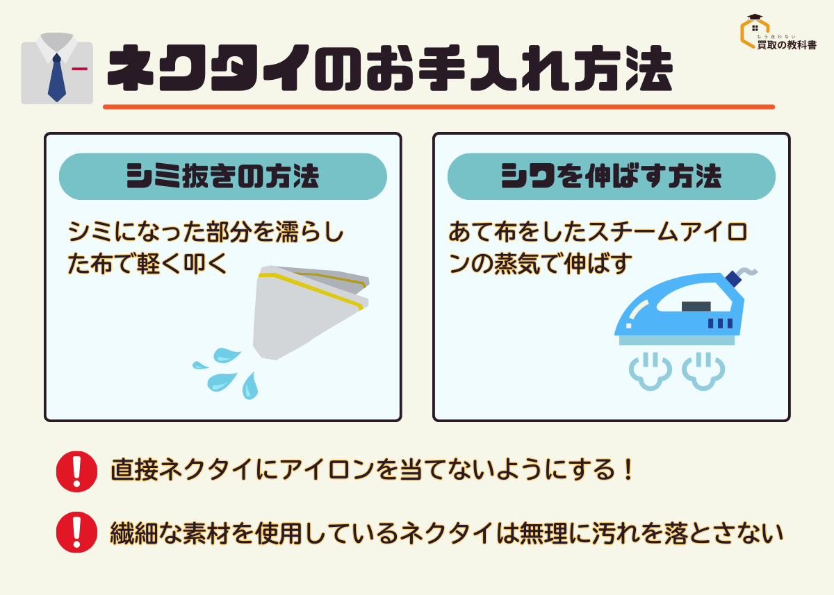 状態別のブランドネクタイのお手入れ方法の図解