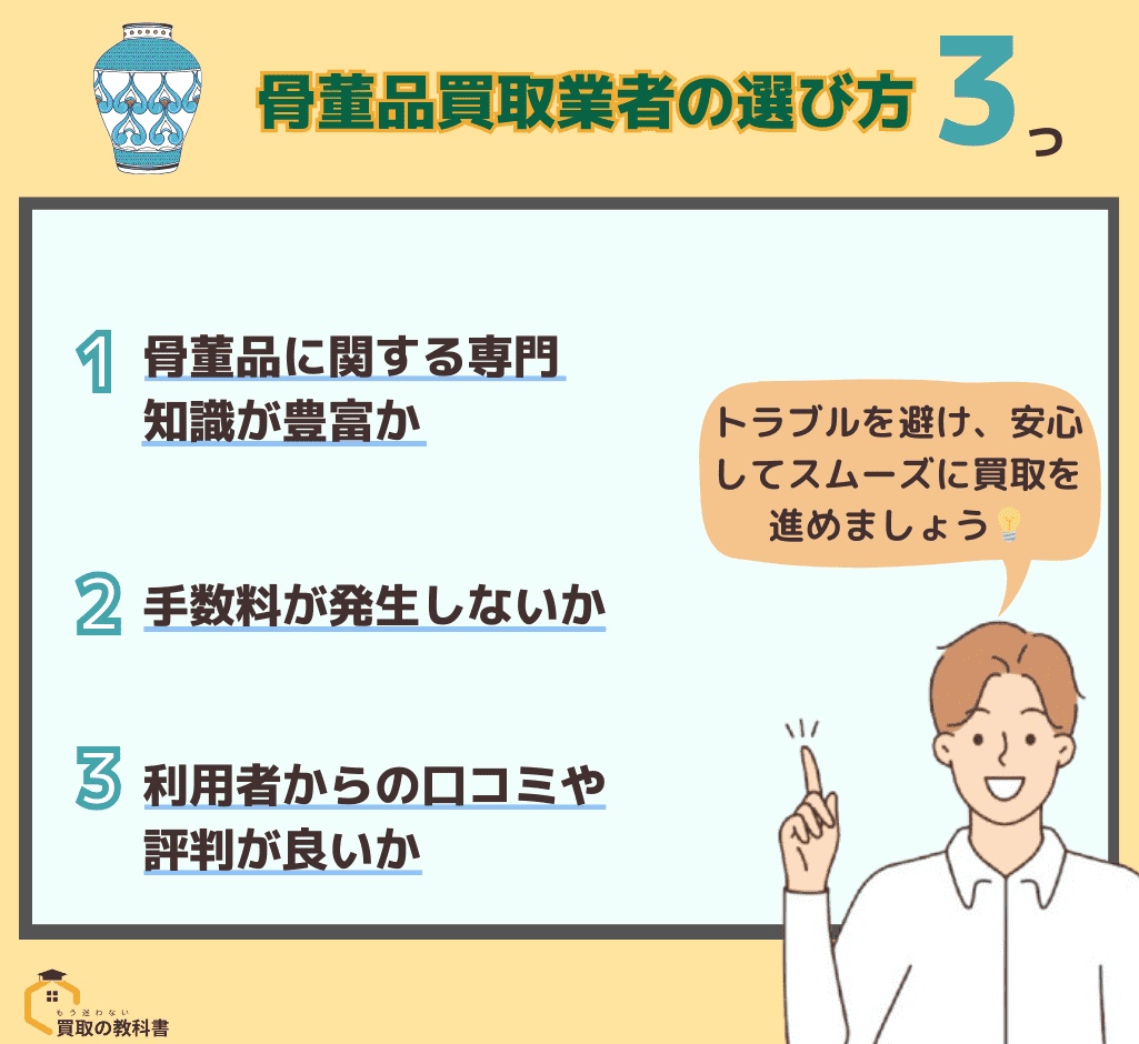 骨董品買取業者を選ぶ際のポイント3つをまとめたオリジナル画像